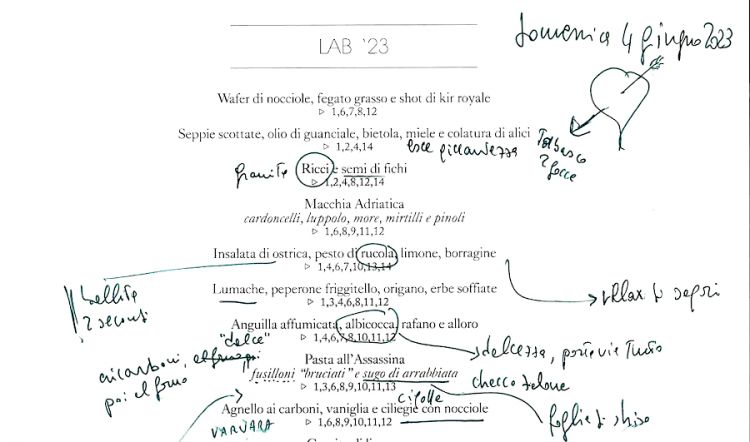 Un dettaglio del menù Lab '23 di Mauro e Catia Uliassi a Senigallia. Le note sono di Paolo Marchi, autore anche di tutte le foto che illustrano questo servizio
