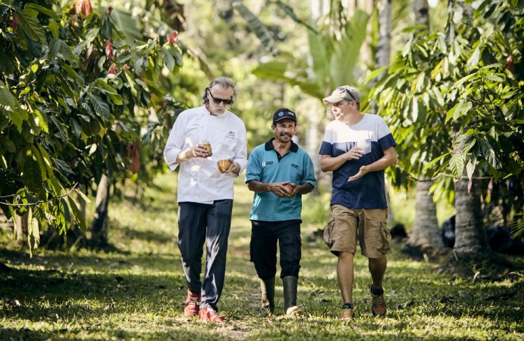 Un produttore, un fornitore Valrhona e uno chef in una piantagione a Bali
