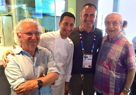 Group photo at Identità Expo: left to right, Ezio Santin, Fabio Abbattista, Francesco Apreda and Gualtiero Marchesi