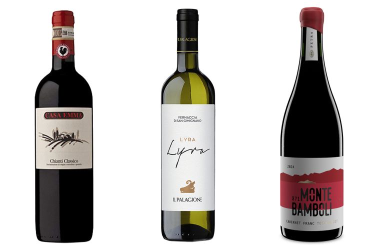 Chianti Classico di Casa Emma, Vernaccia di San Gimignano Lyra di Il Palagione e Cabernet Franc Montebamboli di Petra
