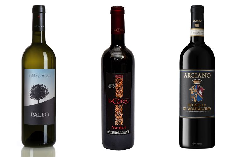 Paleo Bianco di Le Macchiole, Merlot di La Cura e Brunello di Montalcino di Argiano
