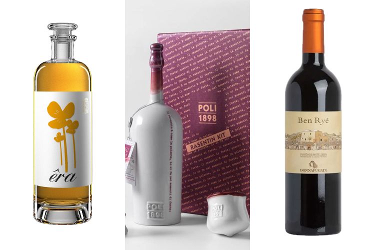 A sinistra&nbsp;&Ecirc;ra&nbsp;&ndash; Passito di Baglio di Pianetto, a destra Ben Ry&eacute; di Donnafugata e al centro il Rasentin di Poli
