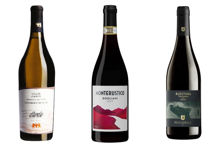 Vall&eacute;e d'Aoste Chambave Muscat DOC "Attente" di&nbsp;La Crotta di Vegneron, Monterustico Dogliani Docg di&nbsp;Vajra&nbsp;e&nbsp;Pl&egrave;stina Trasimeno Gamay Doc di Pucciarella
