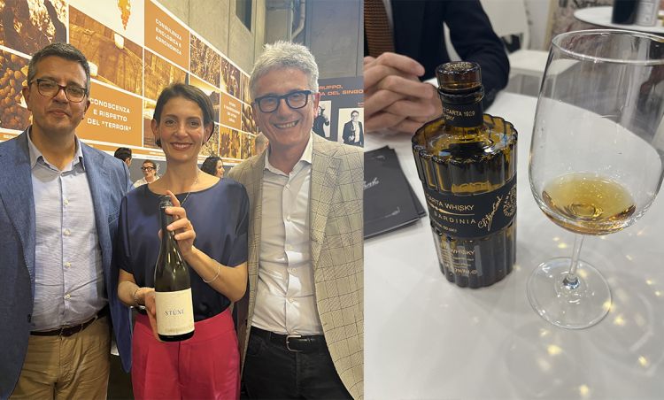 Dario De Pascale, Gloria Battista e Roberto Candia di Amalberga, con lo Stùne. A destra, il Whisky from Sardinia di Silvio Carta