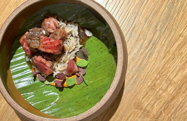 Tamal, manzo e muhammara: il riso è cotto in foglia di banano e condito con succo di lime ed erba cipollina; la salsa muahammara è di origine siriana e realizzata con ;melograno, cumino e concentrato di peperoni; il manzo wagyu è di Cà Negra, cotto sulla brace, condito col suo fondo leggermente affumicato e peperoncino