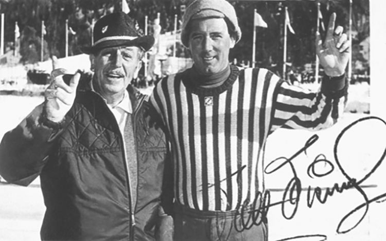 Rolly Marchi con Walt Disney in America a metà degli anni Cinquanta. Da questo incontro nacque l'idea del Trofeo Topolino di sci e più in generale dello sport agonistico per ragazzi e ragazze under 15