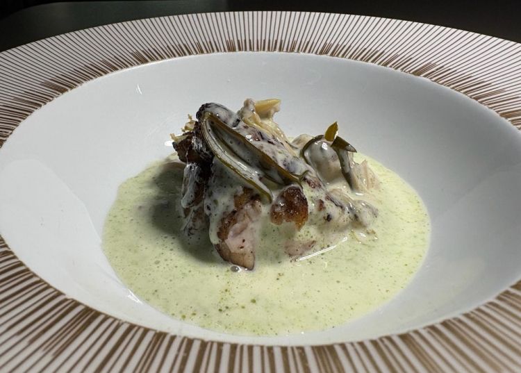 Animella di vitella, limone salato e vongole
&laquo;L'idea &egrave; far incontrare l'entroterra romano con il litorale: la parte salmastra delle vongole con il sapore pi&ugrave; persistente dell'animella. Viene fritta e poi finita al barbecue, perch&eacute; ad Al Madrigale usiamo molto la cottura alla brace, pi&ugrave; ancestrale e profumata. L'acqua delle vongole &egrave; leggermente montata con del burro, con paccasasso e fiori di sambuco sott'aceto dal nostro territorio. Alla base, limoni salati di un'azienda biologica di Tivoli, lasciati in soluzione sotto sale&raquo;
