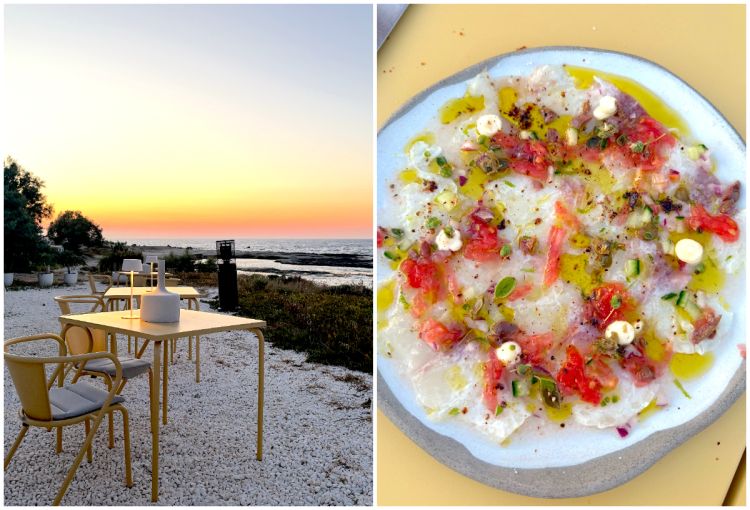Cena al tramonto sulla spiagga con i piatti della 
