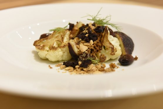 Lee Wolen’s cauliflower, roasted and served with olives, oregano and figs