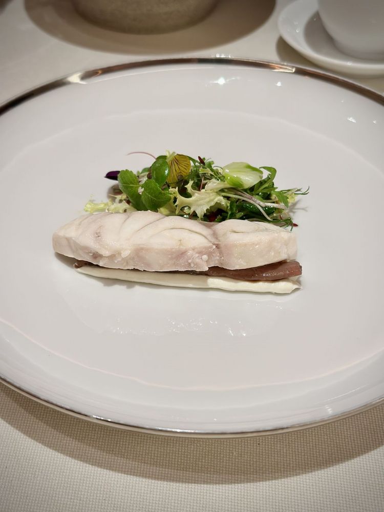 Dentice mi-cuit, cremoso di mascarpone, riduzione di limone, acciuga, insalatina di germogli