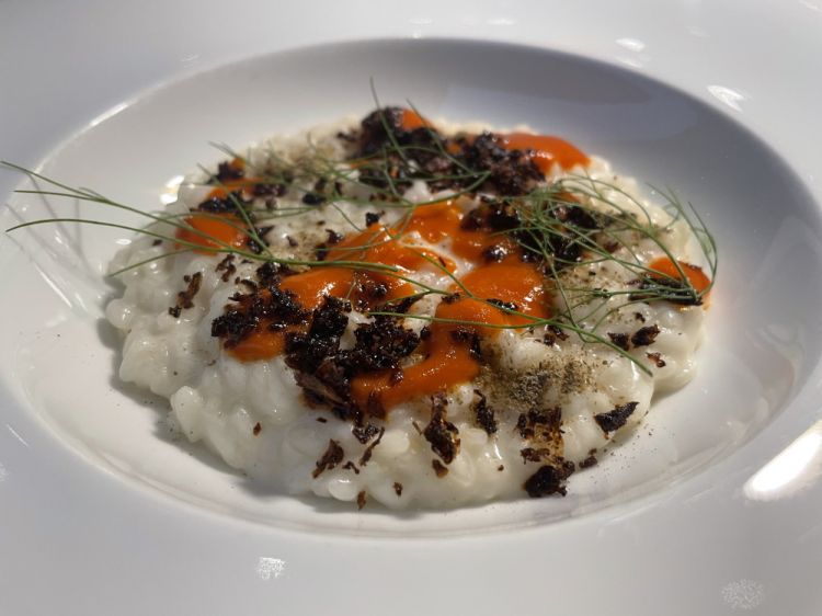 Lemon risotto, almond milk, olives, capers, onion, datterini sauce