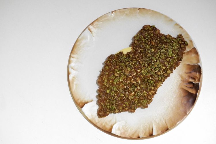 Bronte, Bronte pistachio crème caramel, pistachio tuile, pollen and maple syrup