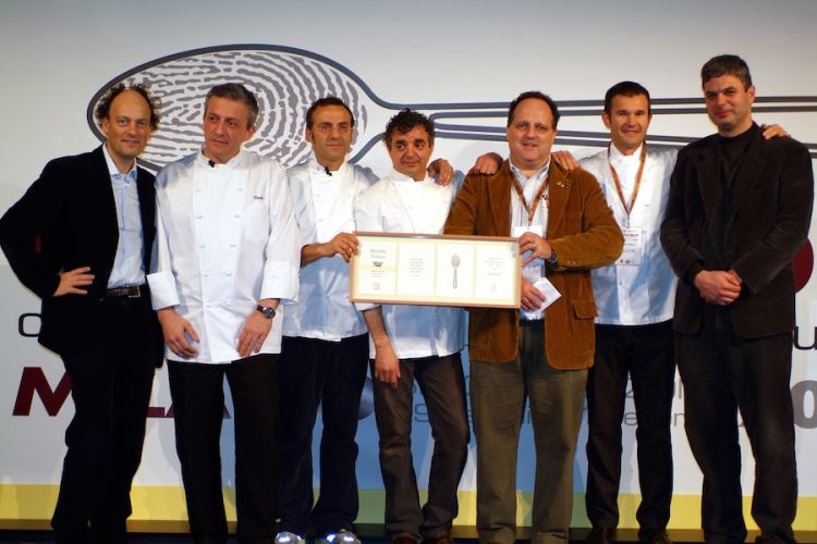 A parade of Italian starred-restaurant at the second edition of Identità Golose in 2006. Left to right: Moreno Cedroni, Davide Scabin, Massimo Bottura, Mauro Uliassi, Paolo Marchi, Carlo Cracco and Pietro Leemann