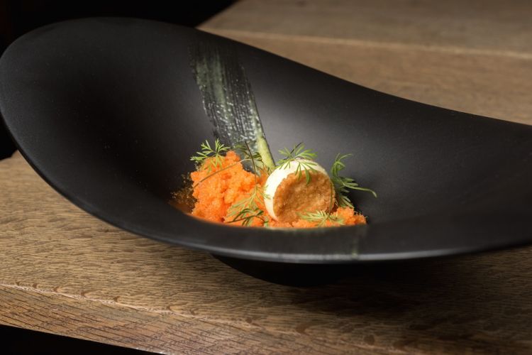 Carrot granita, lime, dill, oats and ginger